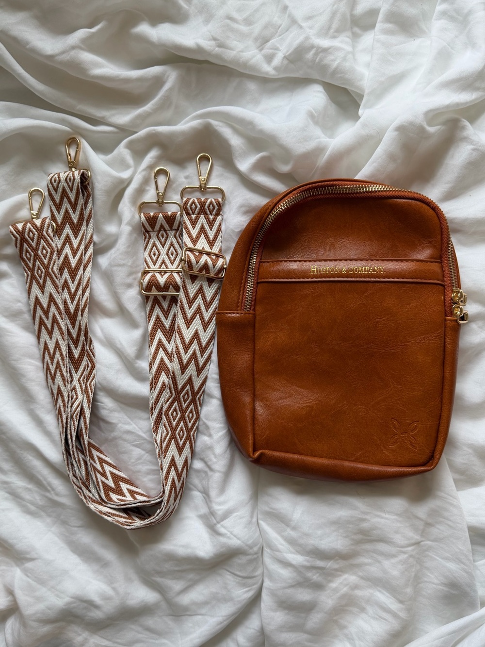 Higton & Company Mini Mae Brown Vegan Leather Diaper Bag with Patterned Strap